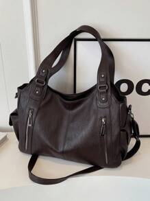 新款时尚经典多功能通勤纯色大容量复古PU皮革单肩包手提包钱包，拉链开口设计，女士单肩包，适合购物和旅行携带。 - 咖啡 - 查看 4