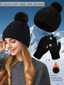 2pcs Set Women's Knitted Beanie Hat And Soft Touchscreen Gloves, Outdoor Sports Pom Pom Hat, Cycling Warm Thick Knitted Gloves, Winter Warm Gift (Black) Solid Color Hat And Gloves Fluffy - Black - View 1