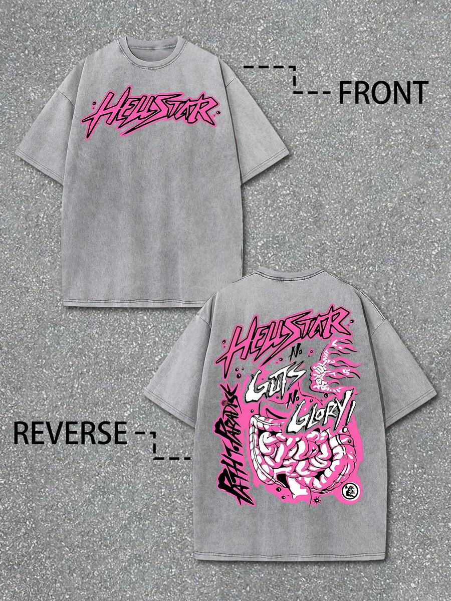 Uaddw Brand Y2k Retro Washed Cotton Double-Sided Fun Men's T-Shirt: Pink Punk Rebel Street Gatherings And Music Festivals - Suitable For Casual Wear, Street Fashion Parties And A Youthful Atmosphere, Men's T-Shirt With Street Style - 灰色 - 查看 1