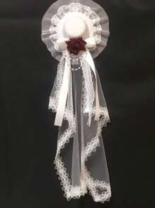 1pc Vintage Bridal Tea Party Headpiece - Floral Lace Veil With Red Rose Accents, Korean/Japanese Style Wedding Photography Parade Accessory, Hand Wash Only Polyester Hair Decor Halloween