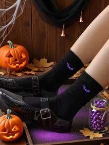1/3/5/10/15/20 pares de calcetines con temática de Halloween, calcetines unisex con diseño de murciélagos para fiestas de Halloween, calcetines de media pantorrilla que absorben la humedad - Negro - Ver 4