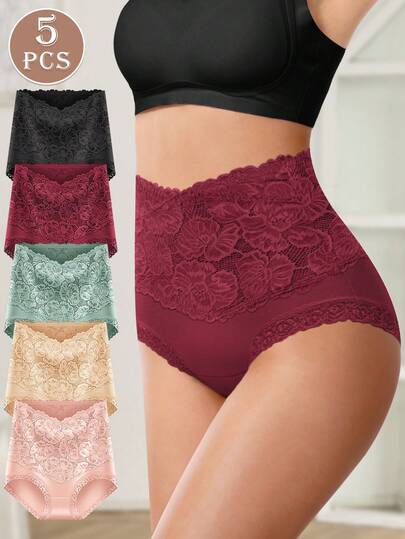 MEIYATING 5 件高腰修身女士内裤，提花图案，舒适贴合，提臀，蕾丝花边