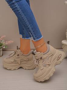 2025 New Petite Women's Platform Sneakers, White Lace-Up Casual Athletic Shoes, Thick Sole Wedge Heels, Versatile - Brown - View 5