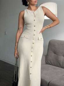 Spring/Summer Elegant Fashion Ladies Metal Buckle Decor Fitted Knit Midi Dress, Versatile Office Commuting - Apricot - View 5