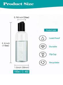 TSA Approved Travel Bottles - 3.4oz/100ml Leak-Proof Refillable Plastic Bottles For Shampoo, Conditioner, Lotion - Transparent Travel Toiletry Set (With Carrying Bag, 4 Pcs, Black), Unisex - Multicolor - View 3