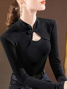 新款镂空复古中国风纽扣装饰修身长袖中式领T恤女春秋季 - 黑色 - 查看 1