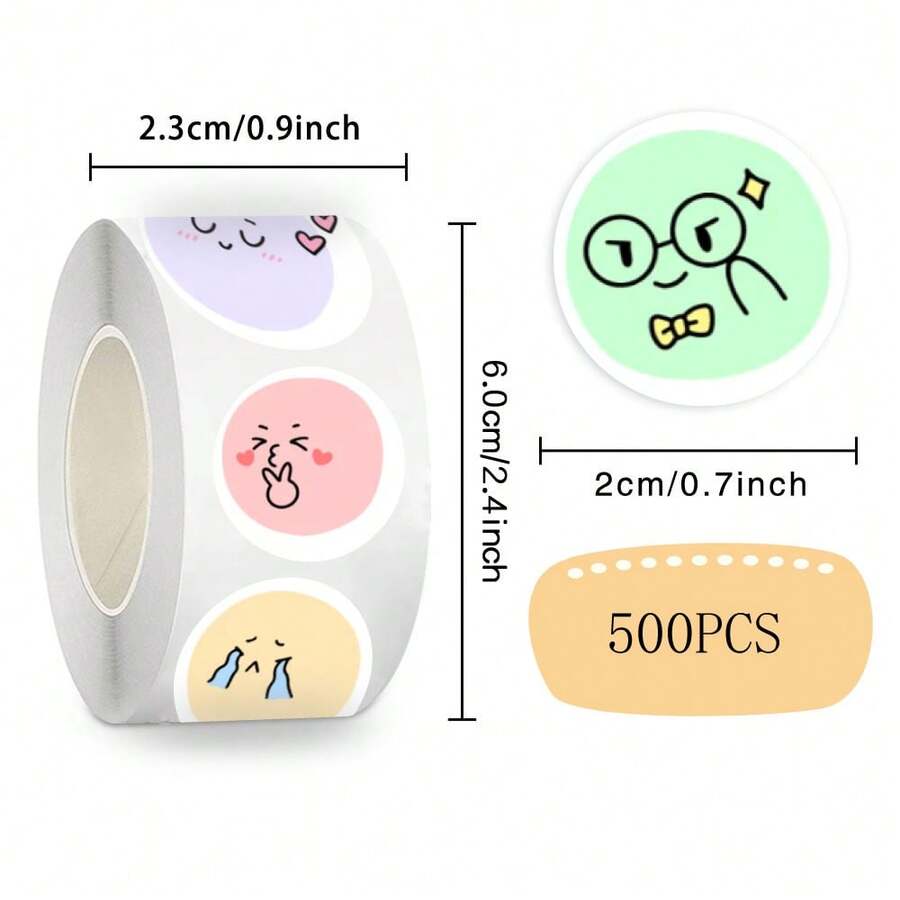 500pcs/Roll Line & Round Face Stickers, Children Reward Stickers, Sticker Sheets For Decoration On Glasses, Cups, Notebooks, Phone Cases, Luggage, Fridge, Computers, Scrapbooking, DIY, Waterproof, No Residue - Multicolor - View 1