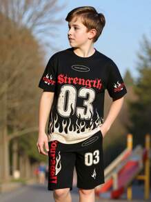 2 Stücke/Set Sommer Outfit für Teenager Jungen mit Kurzarm Top mit Flammen- & Buchstabenprint und Shorts, sportlicher Street-Style