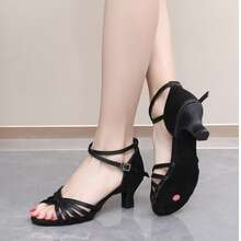 Ladies' Black Mid Heeled Latin Dance Shoes, Classic Five Weave Upper, Ladies' Summer Sandals, High Heels Dance Shoes, Latin Dance Shoes Satin Professional Banquet Party Wedding Jazz Rumba Tango Salsa Practice Performance Dance Shoes Indoor Sandals - Black - View 6