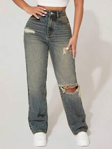 Teen Girl Vintage Distressed Straight Leg Blue Jeans - Medium Wash - View 1