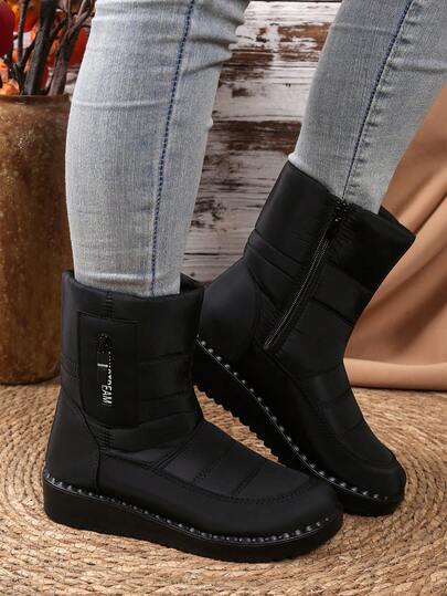 秋冬女士西部风侧拉链伞布套脚中筒靴，新款时尚舒适保暖加厚户外防寒轻便雪地靴，毛绒靴