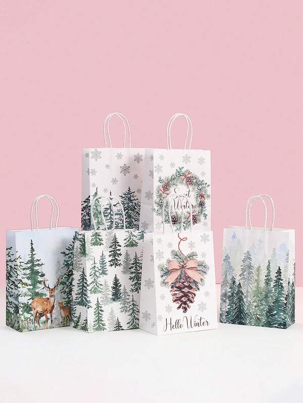 6/12/24 Stücke zufällige Weihnachts-Kraftpapier-Geschenktüten, Muster mit Weihnachtsbaum, Elchmuster, hochwertig, super schön, Weihnachtsgeschenk-Papiertüten, mit Griffen, Rentier, grüner Weihnachtsbaum, Tannenzapfen, Süßigkeitentüten, geeignet für Weihnachtsparty-Zubehör, Geschenktüten, Süßigkeitentüten