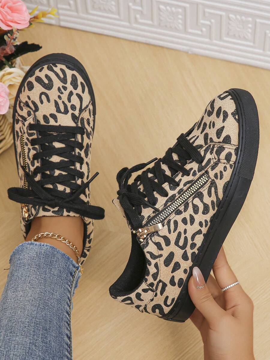 Giày thể thao ngoài trời thời trang mới dành cho nữ, giày thể thao buộc dây thoải mái, đa năng, có khóa kéo bên hông, họa tiết da báo, vá lỗi - Nhiều màu - Xem 1