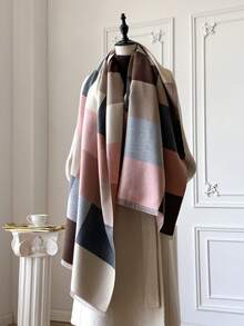 1pc Elegant Color Block Jacquard Knit Scarf, Warm And Versatile For Women, Suitable For Air-Conditioned Rooms, Autumn/Winter