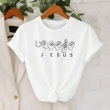Women's Jesus In Sign Language T-Shirt Christian Print T-Shirt 100% Cotton Casual And Comfortable - 白色 - 查看 1