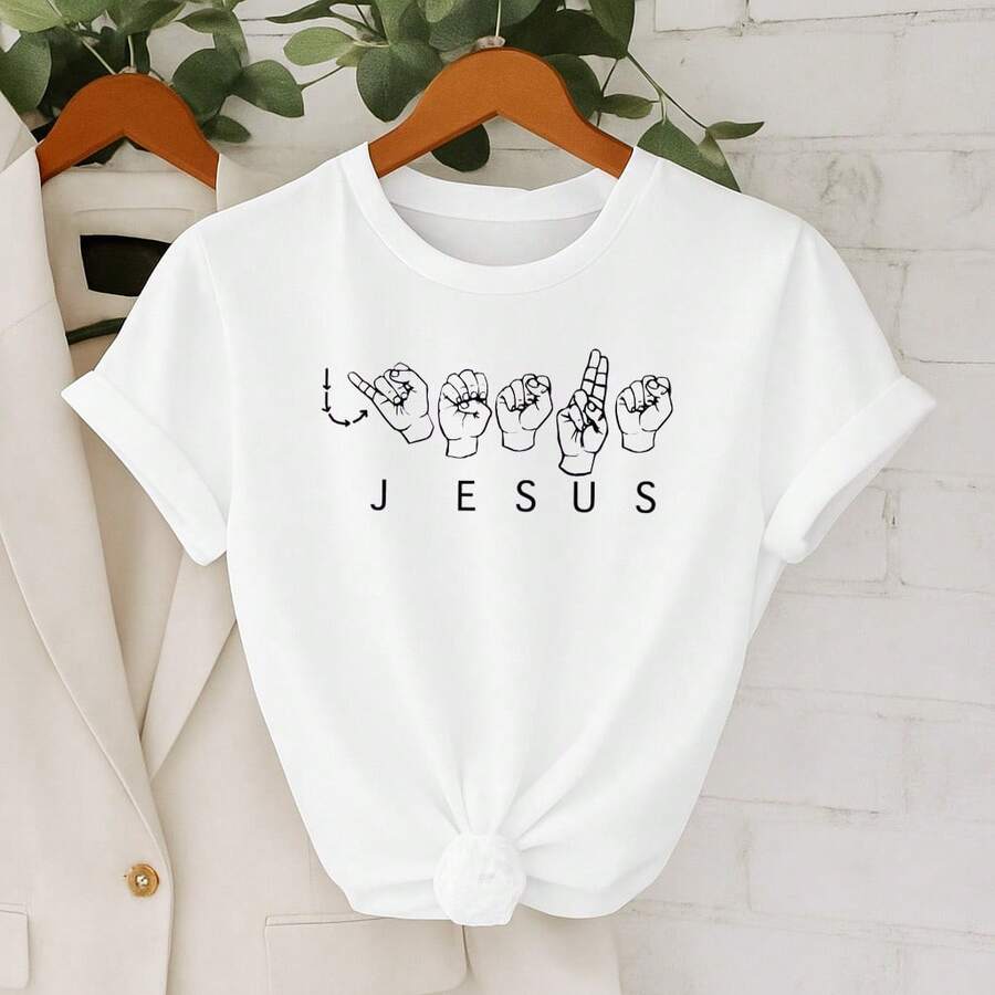 Women's Jesus In Sign Language T-Shirt Christian Print T-Shirt 100% Cotton Casual And Comfortable - 白色 - 查看 1