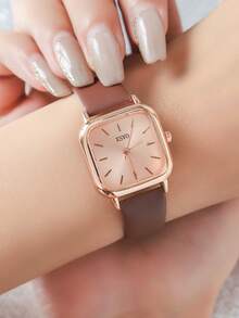 1 件/套时尚青少年纤薄表盘皮革表带石英手表，适合生日礼物、万圣节礼物， - 巧克力棕 - 查看 3