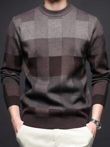 Men's Thick Round Neck Sweater, Business Casual Jacquard Knit Long Sleeve Top, Suitable For Layering Or Outerwear, Plaid & Striped Pattern, Autumn/Winter