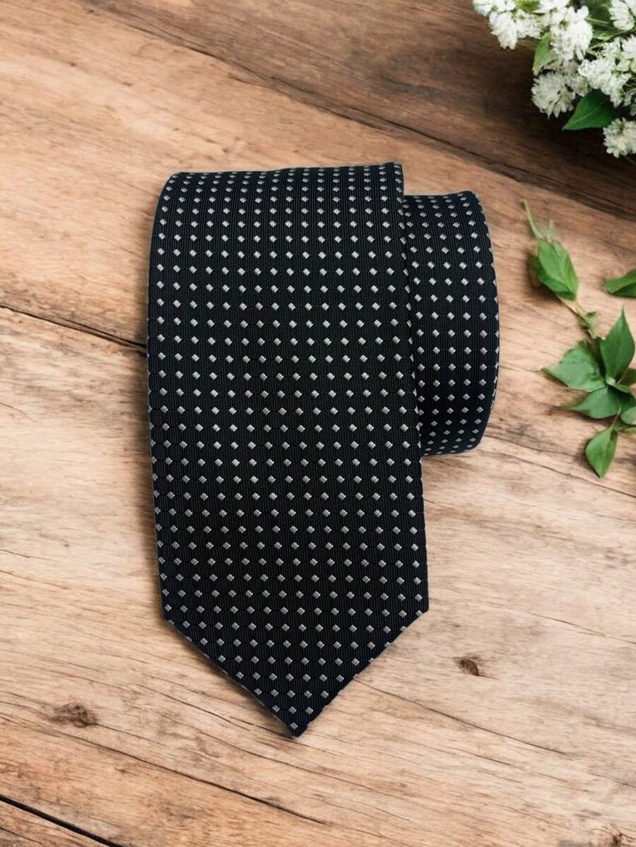 Luxury Men's Skinny Tie Polyester Silk Solid Color Polka Dots Slim Jacquard Groomsmen Tie - 黑與白 - 查看 1