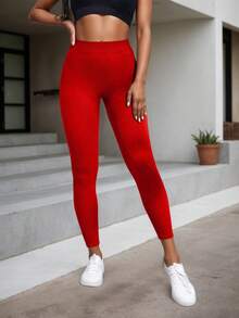 Seamless High Elasticity Waist Band Yoga Leggings - Red - View 4