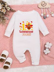 Barboteuse personnalisée "My First Thanksgiving" avec motif de nom personnalisé pour bébé fille, combinaison confortable à imprimé lettres col ras-du-cou manches longues avec imprimés de dinde et de feuilles pour tenue d'extérieur
