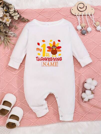 Barboteuse personnalisée "My First Thanksgiving" avec motif de nom personnalisé pour bébé fille, combinaison confortable à imprimé lettres col ras-du-cou manches longues avec imprimés de dinde et de feuilles pour tenue d'extérieur