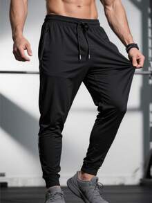 Pantalon de sport décontracté léger pour hommes, tissu soyeux élastique et séchage rapide, automne - Noir - Voir 2