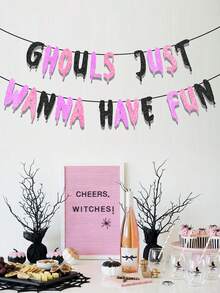 2 件粉色“食尸鬼只想玩得开心”万圣节横幅 - 食尸鬼主题横幅，适合单身派对、万圣节、生日派对装饰 - 彩色 - 查看 1