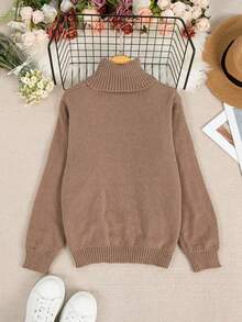 大码女式休闲加厚宽松高领毛衣 - 棕色 - 查看 3