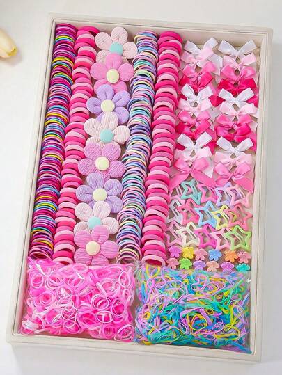 985件/套 女孩粉色情人节蝴蝶结花朵简约可爱发饰套装，包含发圈、发夹、BB夹，适合日常使用和送礼