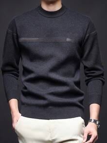 男士厚圆领毛衣，商务休闲提花针织长袖上衣，适合分层穿着或外套，格子和条纹图案，秋冬