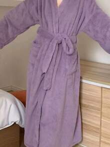 1件新款女士秋冬浴袍，珊瑚绒浴袍，长款睡袍，性感浴袍，柔软吸水加厚睡衣，法兰绒、灯芯绒、雪尼尔、仿羊毛布法兰绒、抓绒、天鹅绒、毛绒面料，休闲、户外、运动、度假、旅行、毕业礼物、生日礼物、日常穿着，浴室装饰 - 彩色 - 查看 7