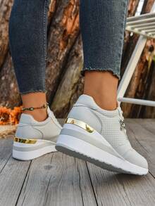 Fall/Winter New Fashion Wedge Heel Sneakers, Women Casual Breathable Lace Up Splicing Platform Shoes, Plus Size - Grey - View 6