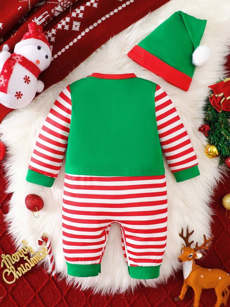 圣诞精灵条纹拼接连体衣+圣诞帽两件套，适合秋冬季婴儿穿着 - 綠色 - 查看 2