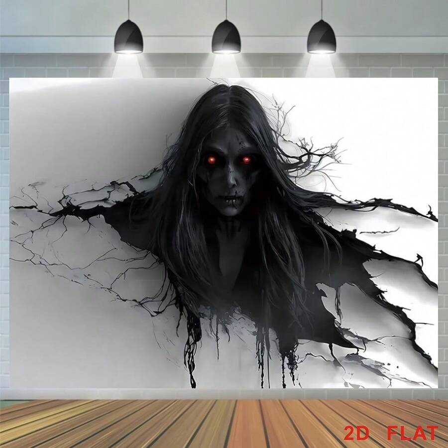 Banner plat 2D pentru petrecere de Halloween, design de perete cu demon negru cu păr lung, material durabil, nu necesită electricitate, perfect pentru casă bântuită, bar și decorare de petrecere, decor de Halloween - 1 buc - Vizualizare 1