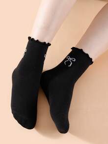 1/3/5/10/15/20 双装 女士黑色荷叶边蝴蝶结舒适简约 JK 款吸湿排汗中筒袜 - 黑色 - 查看 4