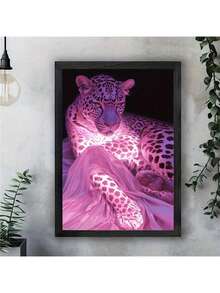 1 Frameless Wall Decoration Painting, Pink Glowing Leopard Print Canvas Printed Poster, Birthday Party Decoration, Home Living Room Office Wall Decoration, Perfect Gift And Home Decoration