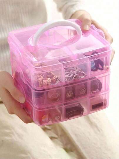 1个多用途透明塑料收纳盒，便携式可拆卸三层首饰盒，工艺品收纳盒，适用于耳环、戒指、项链、珠宝、化妆品、发饰、美甲饰品、桌面收纳、女士礼物、房间装饰