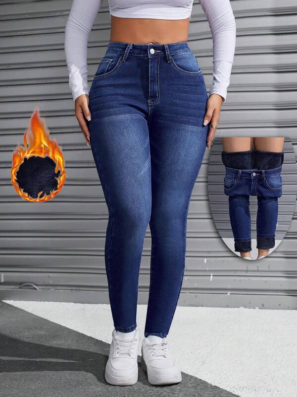 Women's Casual High Stretch Washed Denim Jeans With Warm Lining, Long Pants Style, Versatile For Winter