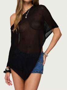 Women's Sheer Ponchos Off Shoulder Short Sleeve Solid Color T-Shirts Asymmetrical Knit Tops - màu đen - Xem 2
