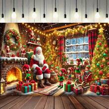 1pc 2D Christmas Santa Claus & Elf Workshop, Christmas Background, Holiday Photo Backdrop, Suitable For Family Portrait, Teen Party And Party Decoration - Multicolor - View 6