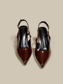 女士咖啡棕色漆皮尖头单带粗跟高跟鞋，优雅尖头正式高跟鞋，时尚露跟高跟鞋 - 咖啡棕 - 查看 6