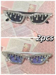 1 件/2 套 - 休闲、可爱、优雅、性感、复古、波西米亚、复古、派对 PC（聚碳酸酯）女士时尚眼镜，带水钻装饰，适合派对、海滩、所有季节 - 亮閃閃水鑽流蘇 - 查看 33