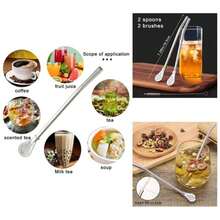 Yerba Mate Bombilla Straw, Stainless Steel Drinking Straws With Filter Spoo Detachable Tea Straws, Reusable For Loose Te Coffee, Drinks, With 2 Cleaning Brush, 7.2 2 Pack, Silver