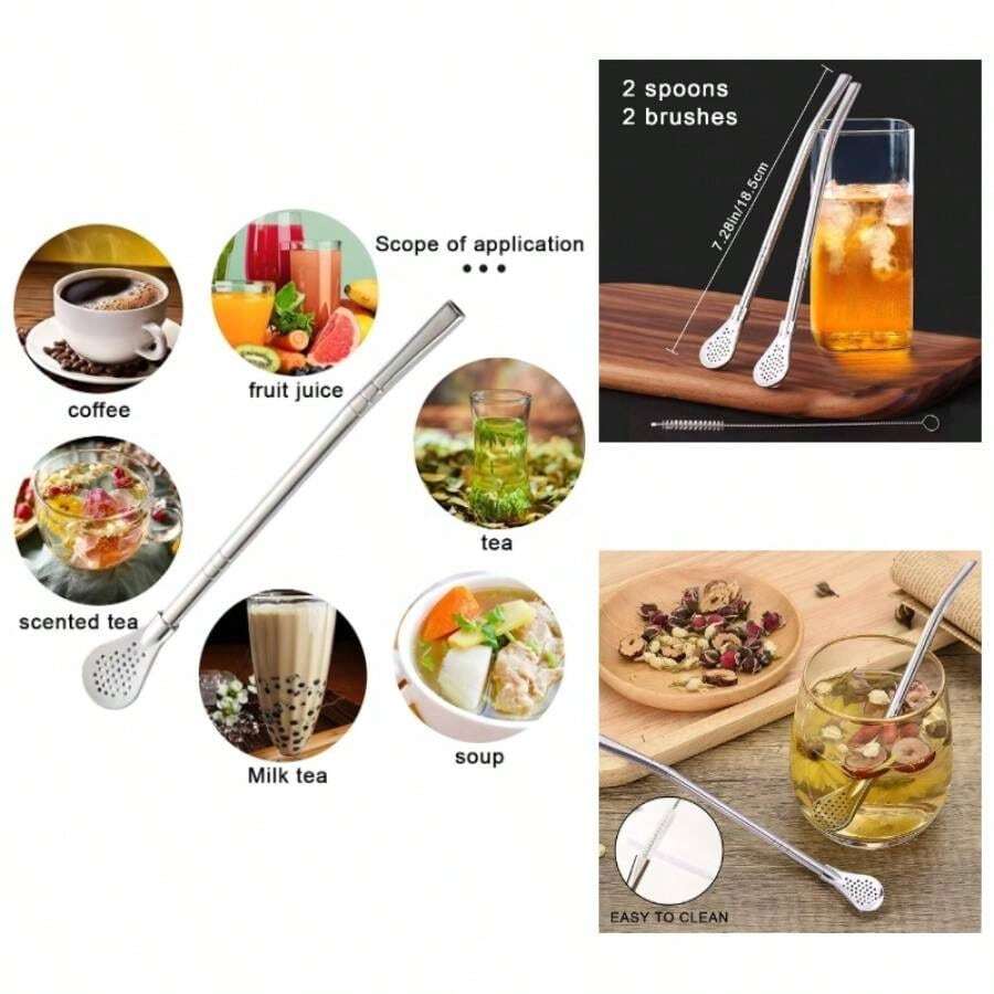 Yerba Mate Bombilla Straw, Stainless Steel Drinking Straws With Filter Spoo Detachable Tea Straws, Reusable For Loose Te Coffee, Drinks, With 2 Cleaning Brush, 7.2 2 Pack, Silver