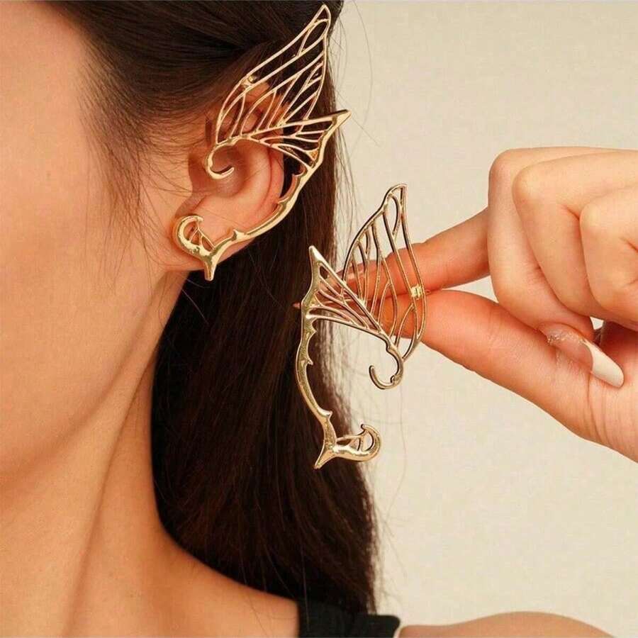 2pcs Elf Ear Jewelry, Butterfly Fairy Wing Ear Stud & Clip Combo, Fashionable Vintage Accessories For Daily Wear Halloween - Gold - View 1