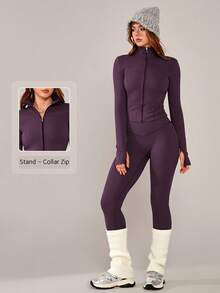 NcmRyu 1套女士修身纯色立领拉链健身跑步健身瑜伽户外运动套装