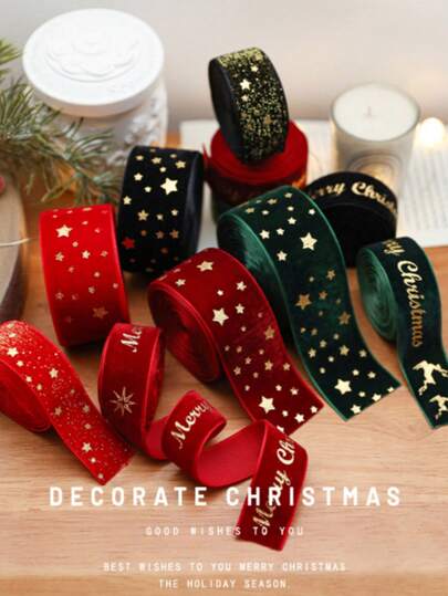 1pc Woven Velvet Foil Bowknot Printed Satin Ribbon, Christmas Tree Decoration Scenery Arrangement Colorful Ribbon
