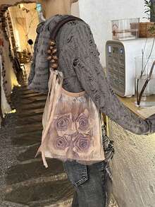 Bolsa de ombro plissada estilo chinês vintage com flor de rosa Batik e axilas, bolsa de ombro grande para passeios diários - Damasco - Ver 7