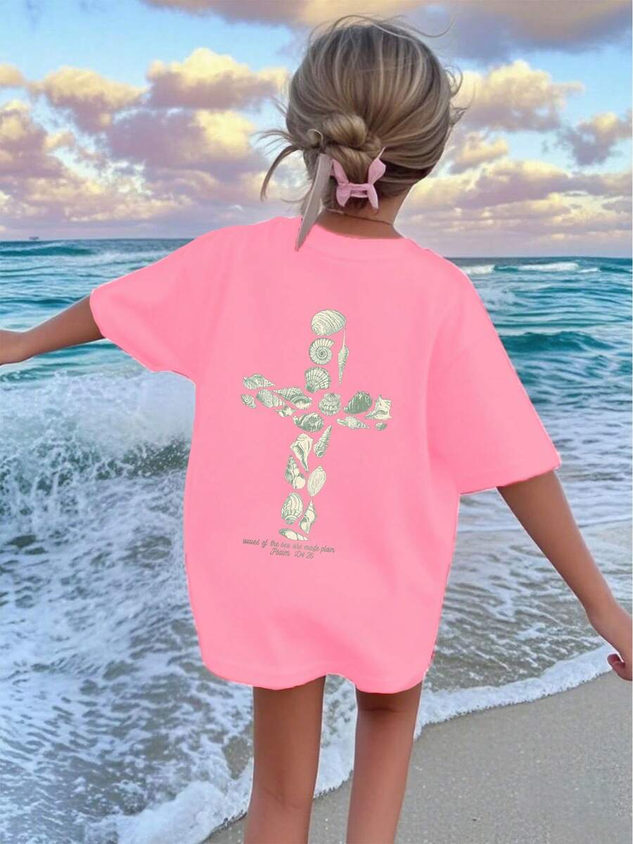 1 Pack Girls Casual Printed Crew Neck Short Sleeve T-Shirt Summer Student Youth Clothing - 粉色 - 查看 1